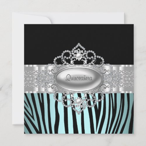 Teal Blue Zebra Quinceanera Invitations