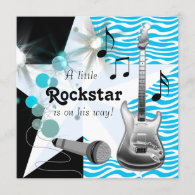 Teal Blue Zebra Rock Star Baby Boy Shower Invitation