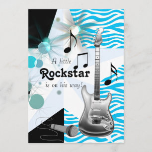 Teal Blue Zebra Rock Star Baby Boy Shower Invitation