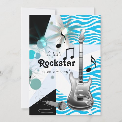 Teal Blue Zebra Rock Star Baby Boy Shower Announcement