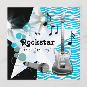 Teal Blue Zebra Rockstar Baby Boy Shower Invitation