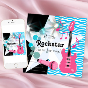 Teal Blue Zebra Rockstar Baby Girl Shower Invitation