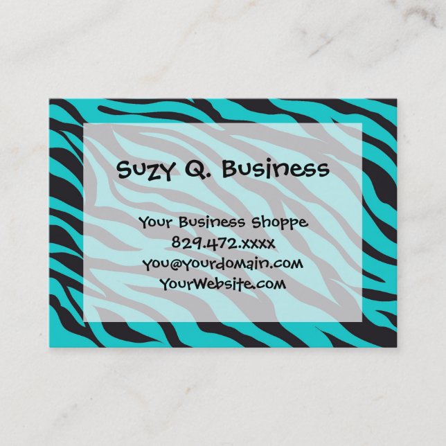 Teal Blue Zebra Stripes Wild Animal Prints Novelty Business Card (Front)