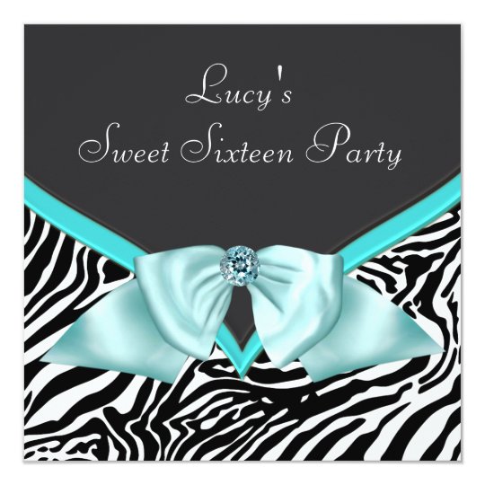 Teal Blue Zebra Sweet 16 Birthday Party Card