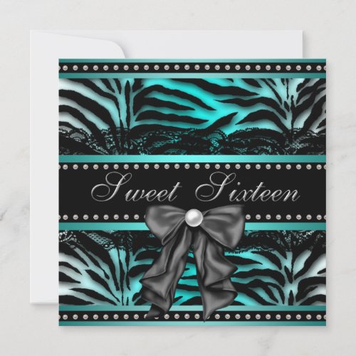 Teal Blue Zebra Sweet 16 Birthday Party Invitation