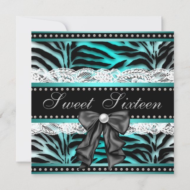 Teal Blue Zebra Sweet 16 Birthday Party Invitation (Front)
