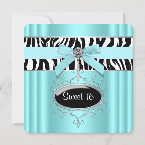 Teal Blue Zebra Sweet 16 Birthday Party Invitation