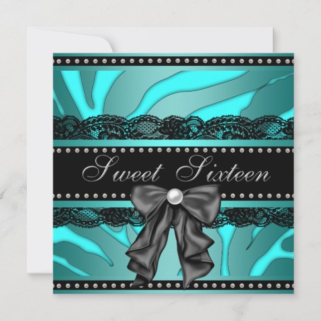 Teal Blue Zebra Sweet 16 Birthday Party Invitation (Front)