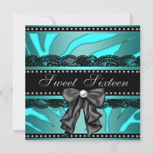 Teal Blue Zebra Sweet 16 Birthday Party Invitation