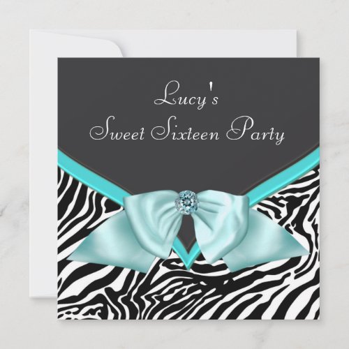 Teal Blue Zebra Sweet 16  Birthday Party Invitation