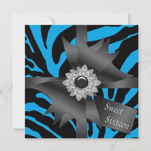 Teal Blue Zebra Sweet 16 Birthday Party Invitation