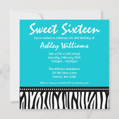 Teal Blue Zebra Sweet 16 Invitations