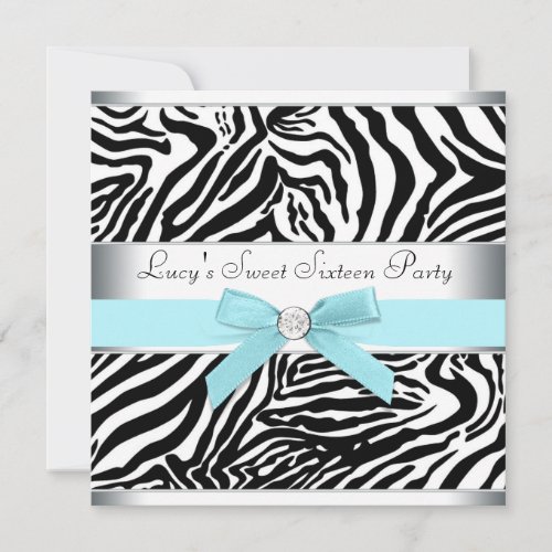 Teal Blue Zebra Sweet Sixteen Birthday Party Invit Invitation