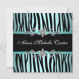 Teal Blue Zebra Sweet Sixteen Birthday Party Invitation