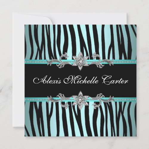 Teal Blue Zebra Sweet Sixteen Birthday Party Invitation