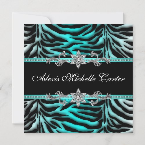 Teal Blue Zebra Sweet Sixteen Birthday Party Invitation