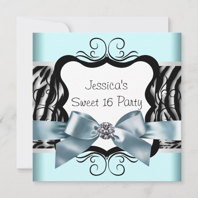Teal Blue Zebra Sweet Sixteen Birthday Party Invitation (Front)