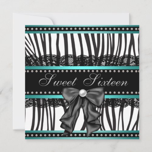 Teal Blue Zebra Sweet Sixteen Birthday Party Invitation