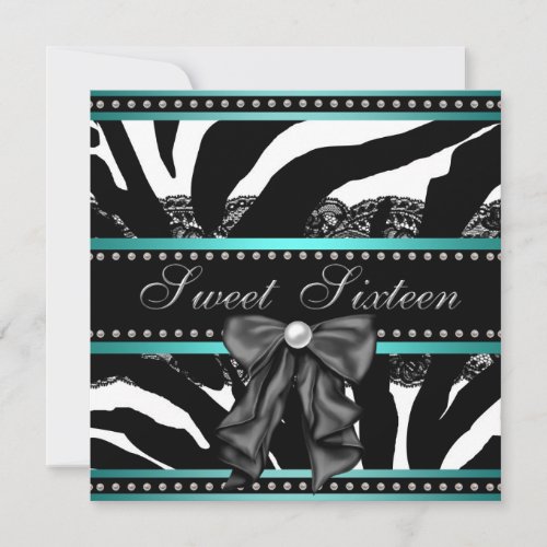 Teal Blue Zebra Sweet Sixteen Birthday Party Invitation