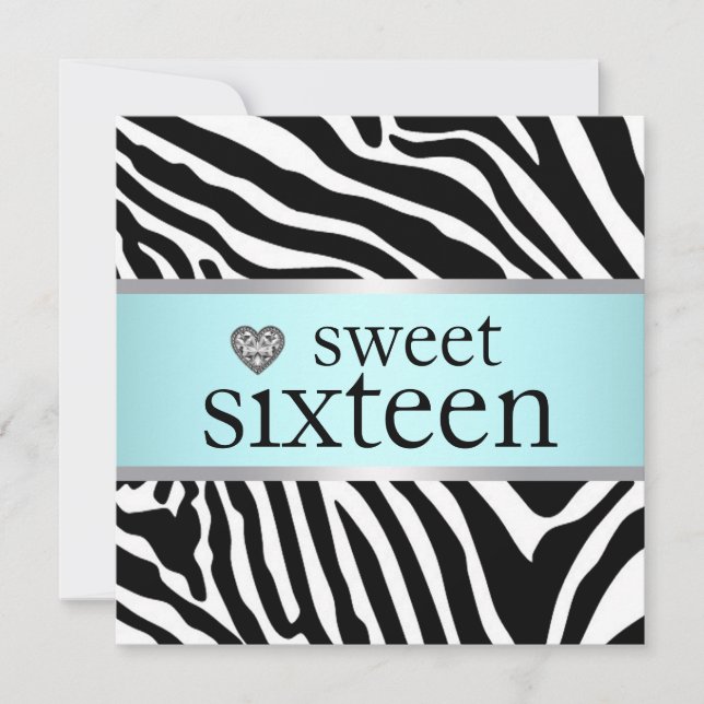 Teal Blue Zebra Sweet Sixteen Birthday Party Invitation (Front)