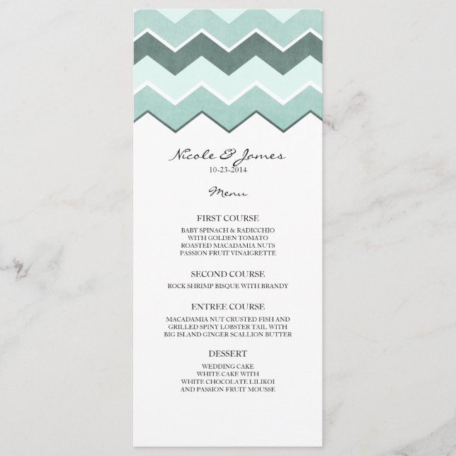 Teal Blue Zig Zag Wedding Menu (Front)