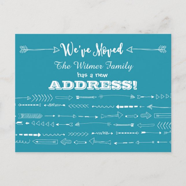 Teal BlueModern Arrows Doodles Moving Announcement Postcard (Front)