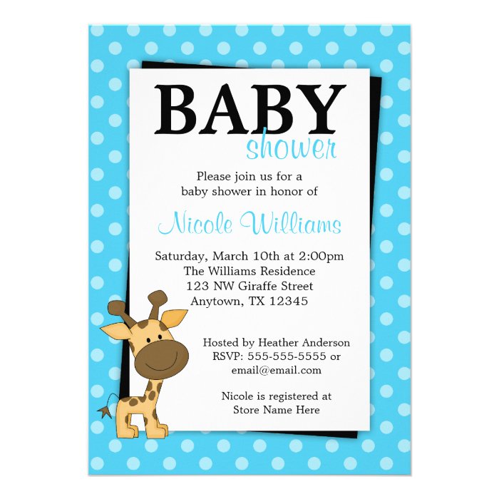 Teal BluePolka Dot Giraffe Baby Shower Invitations