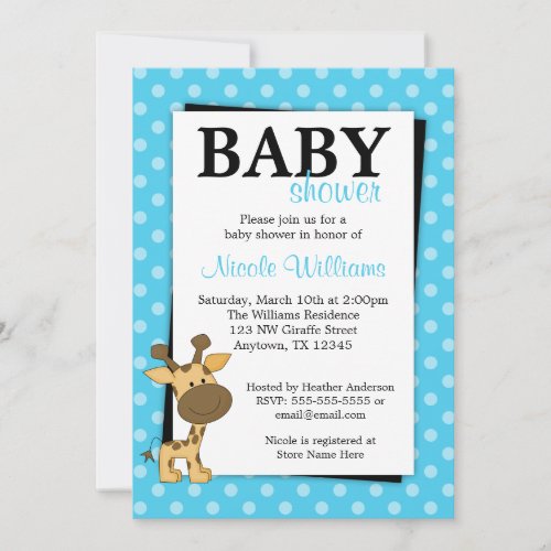 Teal BluePolka Dot Giraffe Baby Shower Invitations