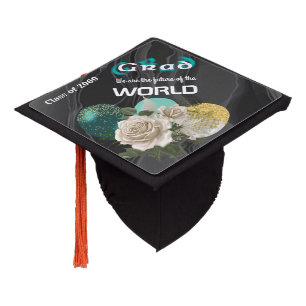 Teal Blurred Text White English Roses & Balloons Graduation Cap Topper