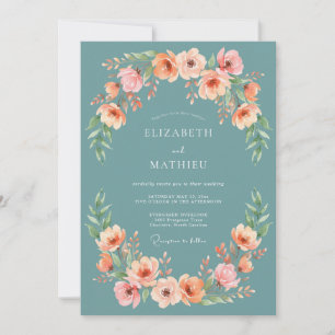 Teal Blush Bloom Garland Wedding Invitation