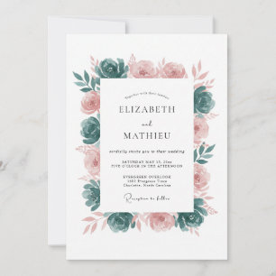 Teal Blush Elegant Botanical Wedding Invitation