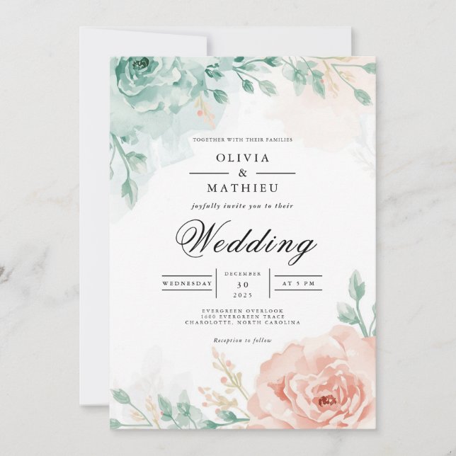 Teal & Blush Floral Arch Wedding Invitation (Front)