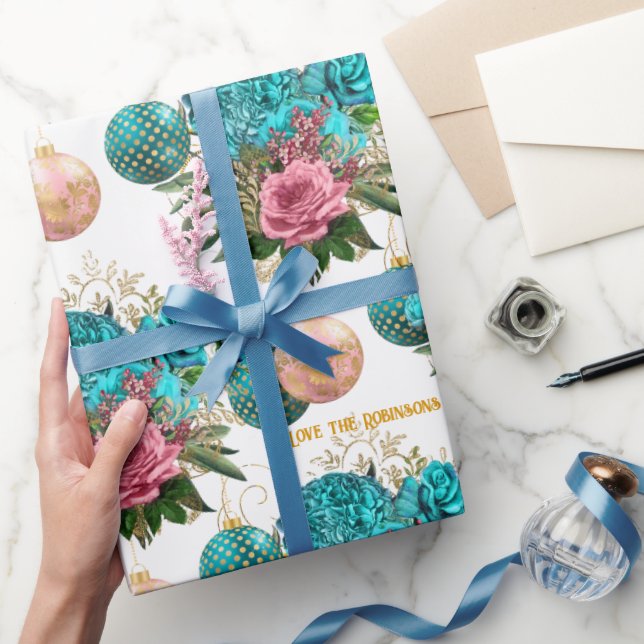 Teal & Blush Floral Elegant Personalized Christmas Wrapping Paper (Gifting)