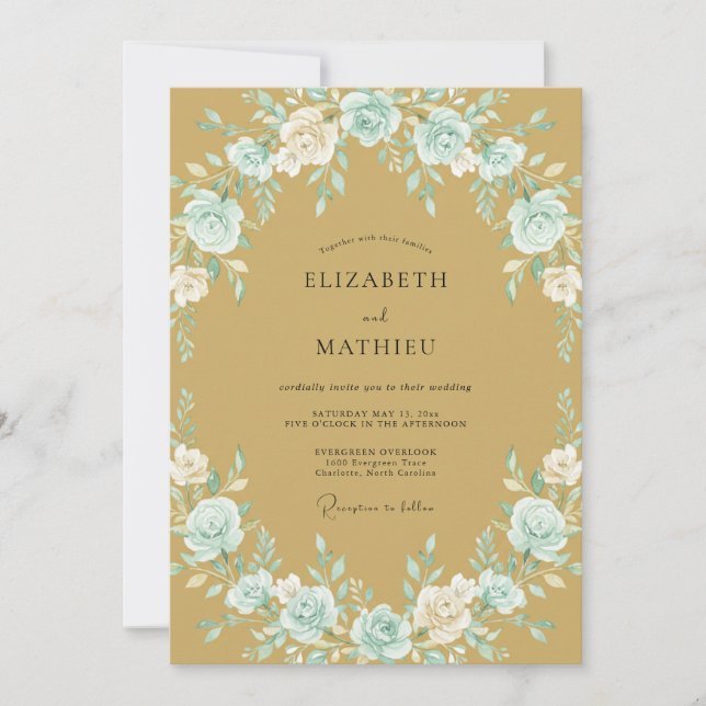 Teal Blush Floral Romance Wedding Invitation (Front)