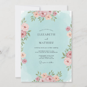 Teal Blush Floral Romantic Wedding Invitation