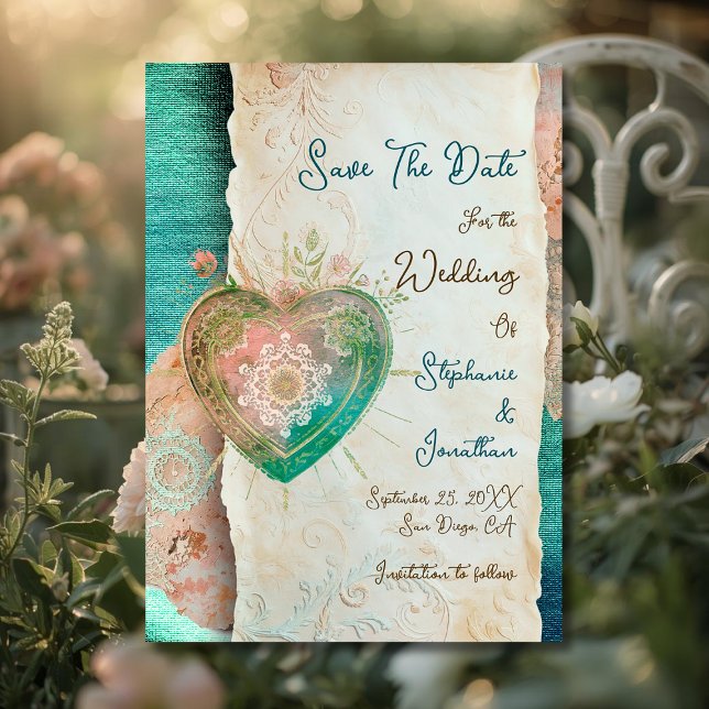Teal Blush Lace Heart Rococo Wedding Save the Date (Creator Uploaded)