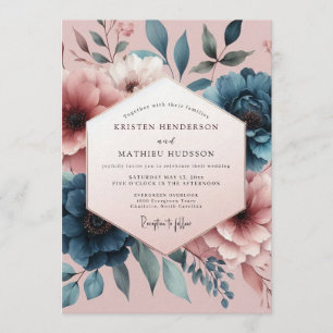 Teal Blush Painterly Bloom Wedding Invitation