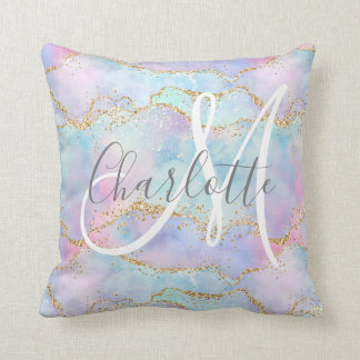 Teal blush pink gold glitter agate monogram throw pillow