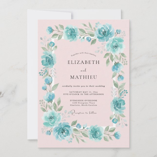 Teal Blush Romantic Floral Wedding Invitation (Front)