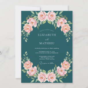 Teal Blush Rose Blossom Wedding Invitation