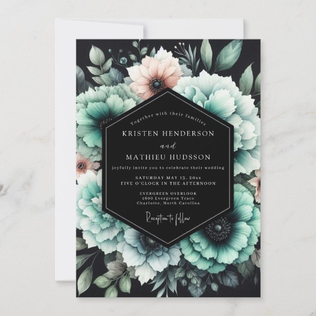 Teal & Blush Shadowy Bloom Wedding Invitation (Front)