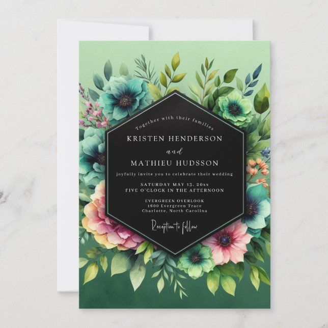 Teal Blush Vibrant Flora Wedding Invitation (Front)