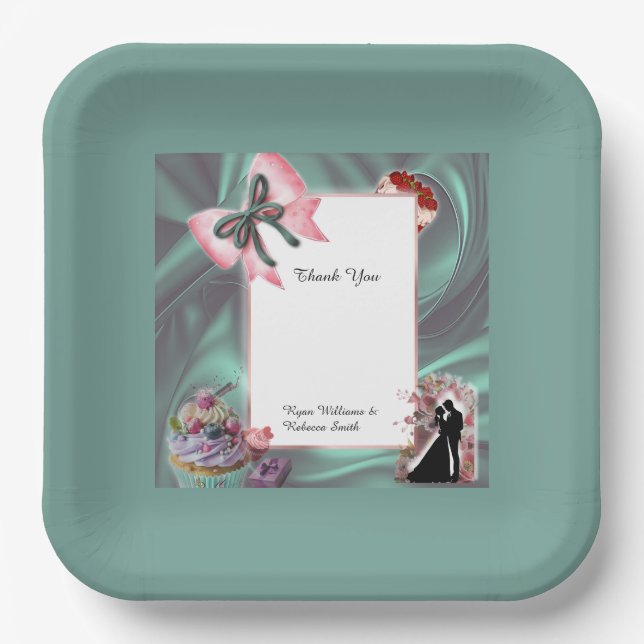 Teal & Blush Wedding Paper Plates (Front)