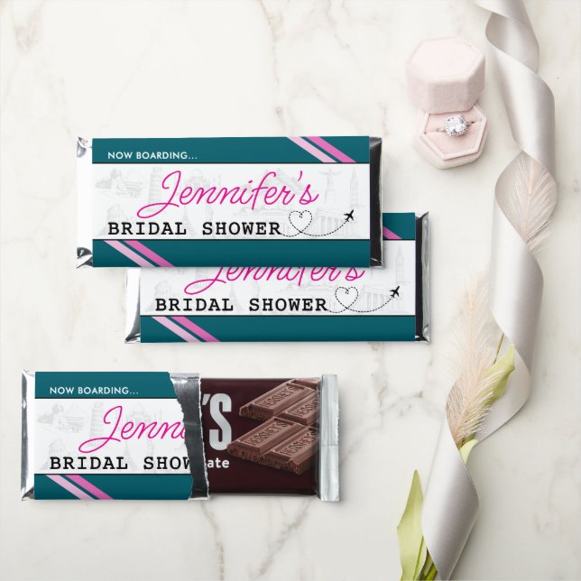 Teal Boarding Pass Bridal Shower Hershey Bar Favors (Front)