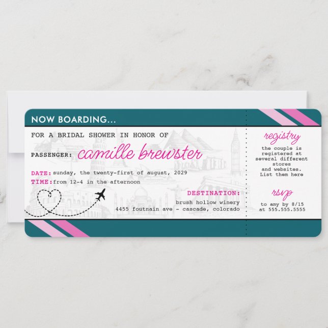Teal Boarding Pass Bridal Shower Invitation (Front)