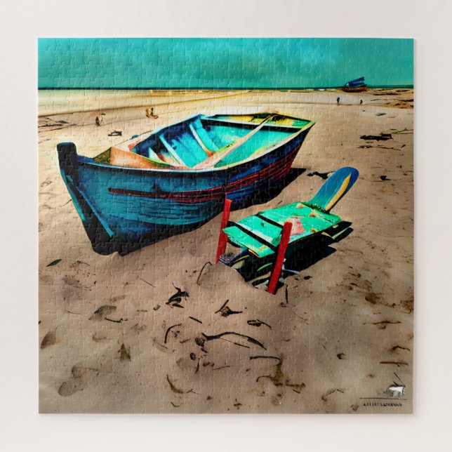 Teal Boat on a Sandy Beach Jigsaw Puzzle (Vertical)
