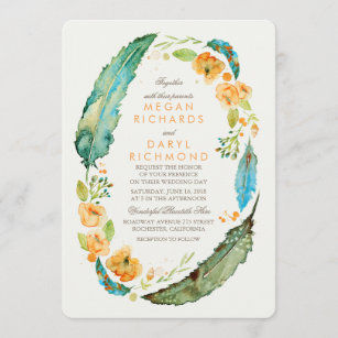 Teal Bohemian Floral Feathers Botanical Wedding Invitation
