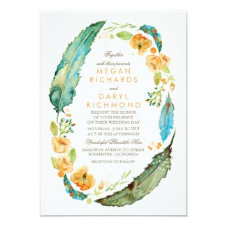 Teal Bohemian Floral Feathers Botanical Wedding Invitation