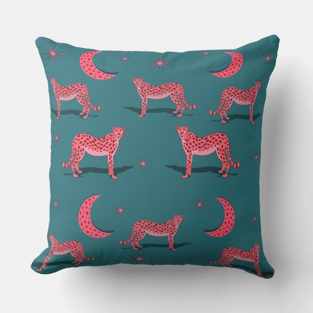 Teal Boho Cheetah and Pink Moon  Throw Pillow (Front)