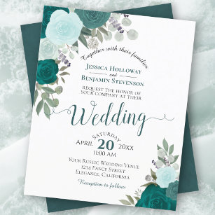 Teal Boho Chic Floral BUDGET Wedding Invitation